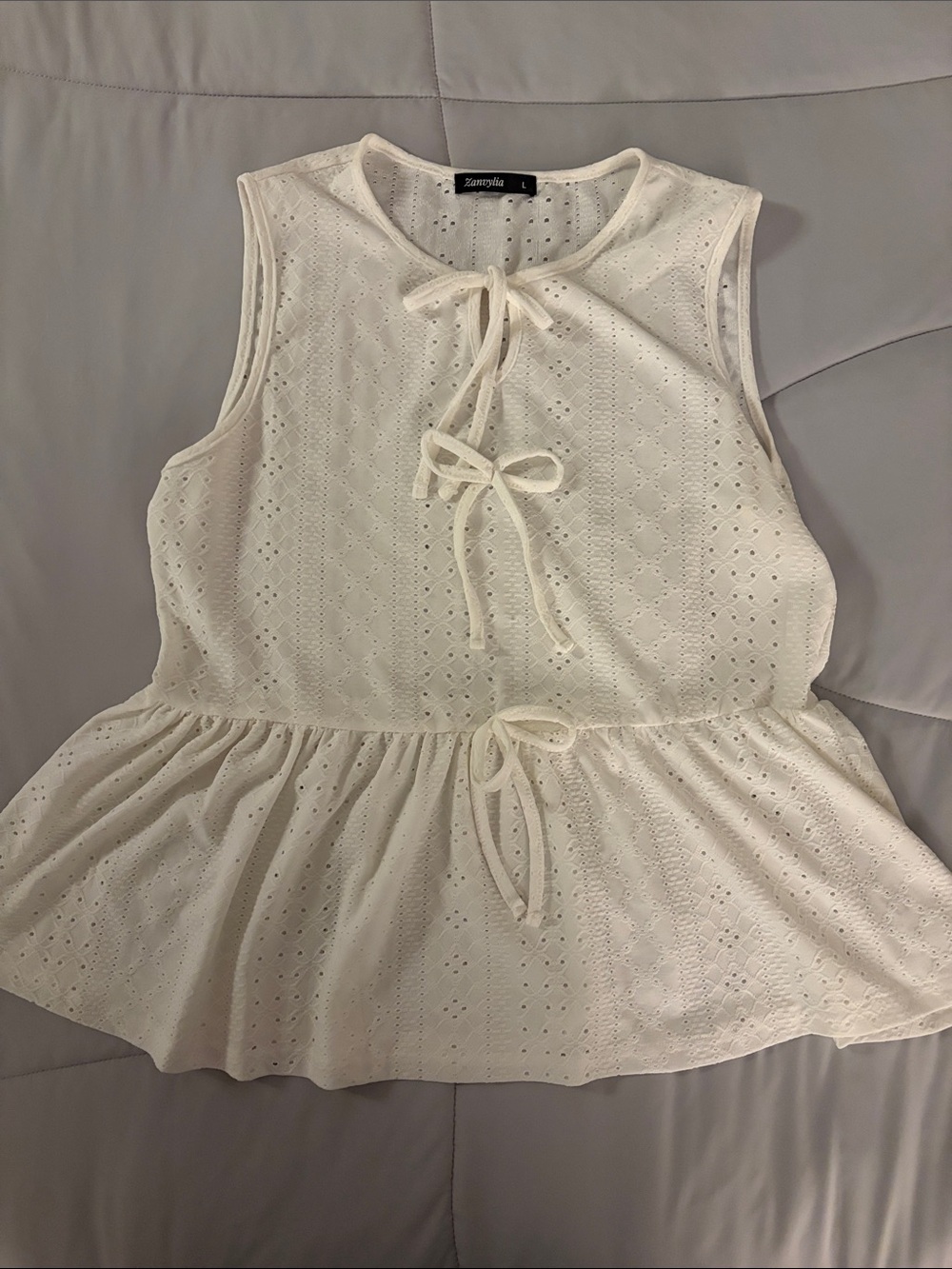 Zanzea Cream Eyelet Tie-Front Peplum Top
